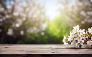 AI generated Beautiful blooming spring flowers branches background. Wooden table, display with copy space for product presentation. photo