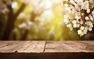 AI generated Beautiful blooming spring flowers branches background. Wooden table, display with copy space for product presentation. photo