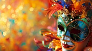 ai generado vistoso carnaval mascarada desfile máscara en borroso oscuro azul antecedentes con bokeh luces. Copiar espacio. para veneciano disfraz festival celebracion, invitación, promoción. foto