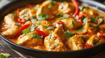 AI generated Chicken fillet in a spicy coconut sauce close-up on a table. horizontal photo