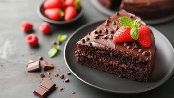 AI generated Plate with slice of tasty homemade chocolate cake on table photo