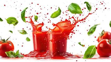 AI generated Splashing tomato juice with flying basil leaves isolated on white photo