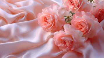 AI generated pink roses on soft silk photo