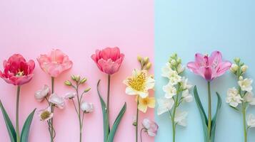 AI generated Arrangement of spring flowers against a pastel colors background. Blooming concept. Flat lay. photo