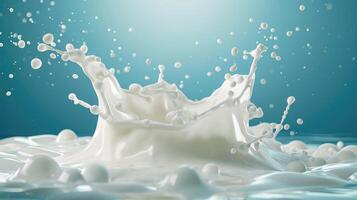 AI generated Realistic milk splash, splashing in milk pool with isolated on blue background. photo