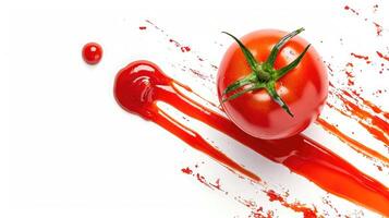 AI generated Ketchup flows from a fresh tomato. Conceptual composition of a tomato on a white background photo