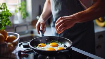 ai generado mano hombre Cocinando huevos para desayuno, en pie a el cocina a hogar. foto