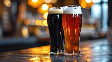 AI generated Glasses with different sorts of craft beer on wooden bar. Tap beer in pint glasses arranged in a row. Closeup of five glasses of different types of draught beer photo