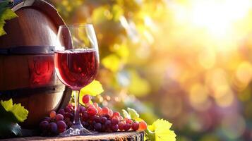 AI generated Glass Of Wine With Grapes And Barrel On A Sunny Background photo