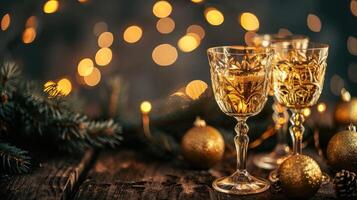 AI generated Golden metal glasses on old wooden table background, place for copy space. Golden wooden table with golden trophy on dark background. Ready for new year celebration design. Festive light photo