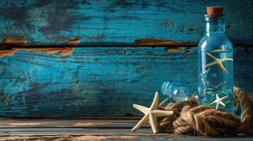 ai generado mar y Oceano regalos en un de madera antecedentes. marina cosas. mar productos agua antecedentes para real hombre capitanes y marineros pirata diseño. botella, soga, estrella. submarino tesoros foto