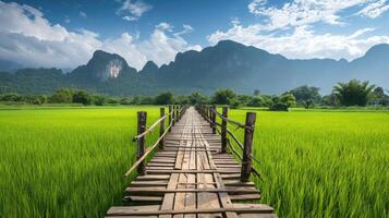 AI generated Landscape Wooden Bridge on Green Rice Field and Limestone Mountain Background photo