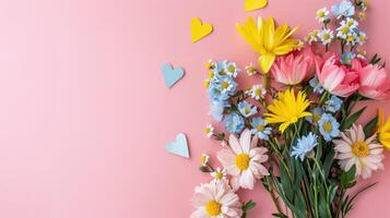 AI generated Bouquet of beautiful spring flowers and paper hearts on pastel pink table for Happy mothers day. Flat lay. photo