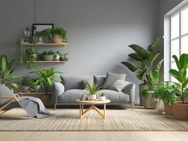 AI generated Modern scandinavian interior of living room with design grey sofa, armchair, a lot of plants, coffee table, carpet and personal accessories in cozy home decor. photo