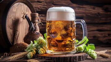 AI generated mug of beer, wheat ears, hops and beer barrel on a wooden background photo
