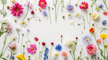 AI generated Floral border of pink and orange ranunculus, hyacinth and eucalyptus on a white background. Top view photo