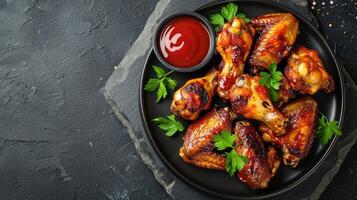 AI generated Grilled spicy chicken wings with ketchup on a black plate on a dark slate, stone or concrete background. Top view with copy space. photo