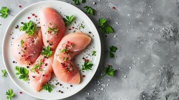 ai generado crudo pollo pecho o filete con sal, pimienta y Fresco hierbas en un blanco plato en un gris antecedentes. sano alimento. parte superior vista, Copiar espacio foto