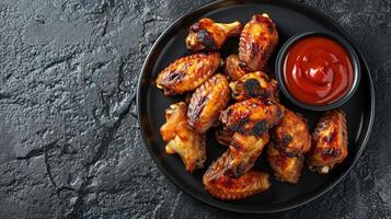 AI generated Grilled spicy chicken wings with ketchup on a black plate on a dark slate, stone or concrete background. Top view with copy space. photo