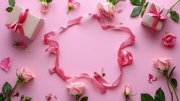 AI generated Ribbon in shape of heart with gift boxes and rose flowers on pink background. Happy Valentines day, Mothers day, birthday concept. Romantic flat lay composition. photo