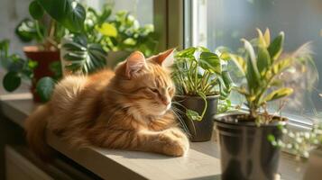 AI generated Ginger cat lying in the morning on windowsill at home enjoying sun relaxing. Indoor plants on the windowsill and red kitten. Fluffy pet looks in window. photo