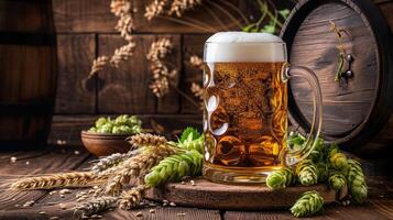 AI generated mug of beer, wheat ears, hops and beer barrel on a wooden background photo