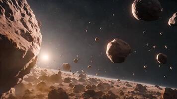 AI generated an artists rendering of multiple planets in space, providing a realistic representation of their size, colors, and arrangement, A swift flyby through an intricate asteroid belt video