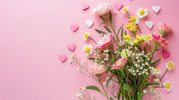 AI generated Bouquet of beautiful spring flowers and paper hearts on pastel pink table for Happy mothers day. Flat lay. photo