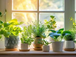 AI generated House plants display. Indoor plants in window photo
