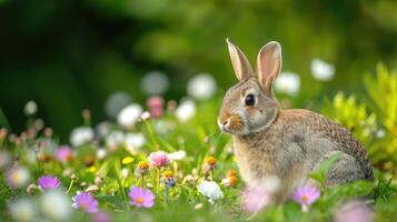 ai generado Conejo en el prado con flores, superficial profundidad de campo foto