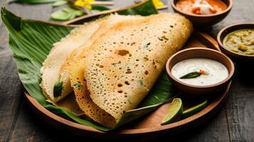 ai generado ragi dosa, sano sur indio desayuno articulo arreglado en un redondo de madera base forrado con plátano hoja y Coco chatney metido junto a él. foto