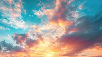 AI generated Real amazing panoramic sunrise or sunset sky with gentle colorful clouds. Long panorama photo
