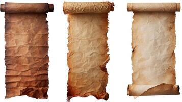 AI generated Old Parchment paper scroll isolated on white. Vertical banners set photo