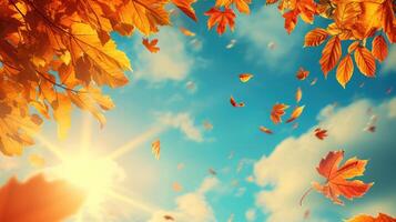 AI generated Autumn landscape. Autumn tree leaves sky background. photo