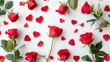 AI generated Red roses and heart shape ornaments on white background photo