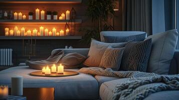 AI generated Modern interior of living room with stylish sofa and burning candles on table photo