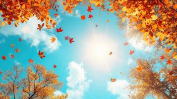 AI generated Autumn landscape. Autumn tree leaves sky background. photo