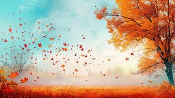 AI generated Autumn landscape. Autumn tree leaves sky background. photo