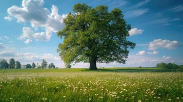 AI generated Big tree with fresh green leaves and green spring meadow photo