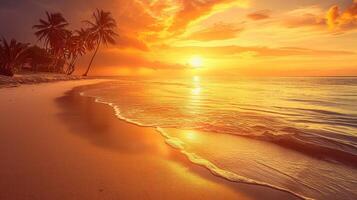 ai generado isla palma árbol mar arena playa. panorámico playa paisaje. inspirar tropical playa marina horizonte. naranja y dorado puesta de sol cielo calma tranquilo relajante verano estado animico foto