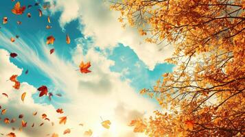 AI generated Autumn landscape. Autumn tree leaves sky background. photo