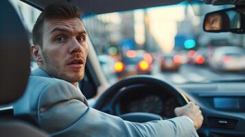 AI generated young man is riding driving car. Businessman is late for meeting. Driver brunette in grey suit stuck in traffic jam. Stressful situations on roads photo