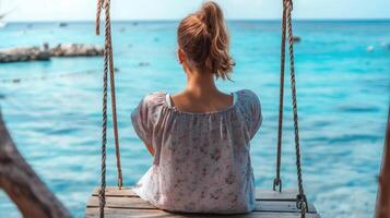 AI generated Rear view image of a young woman sitting on wooden swing by the sea photo