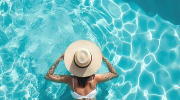 ai generado parte superior ver de hermosa mujer oreja sombrero para el sol relajante en nadando piscina foto