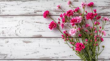 ai generado flores composición para san valentin, de la madre o De las mujeres día. rosado flores en antiguo blanco de madera antecedentes. naturaleza muerta. foto