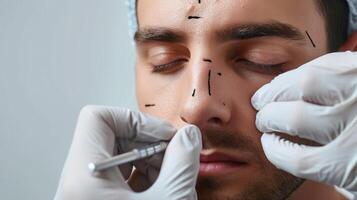 AI generated Doctor in protective gloves drawing marks on man's nose for cosmetic surgery operation, standing against grey studio background, free space photo