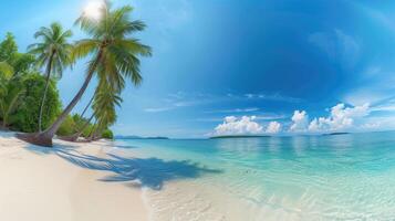 AI generated panorama of tropical beach with coconut palm trees photo