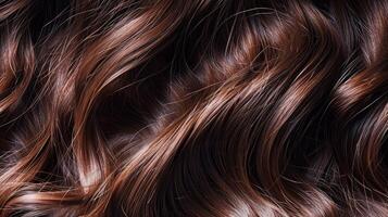 AI generated closeup view of a bunch of shiny curls brown hair. photo