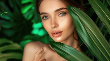 ai generado hermosa mujer con Perfecto piel y natural maquillaje participación tropical hojas foto