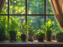 AI generated House plants display. Indoor plants in window photo